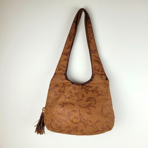 Brown patterned leather boho shoulder bag zipper snap closure tassel festival - Picture 1 of 12